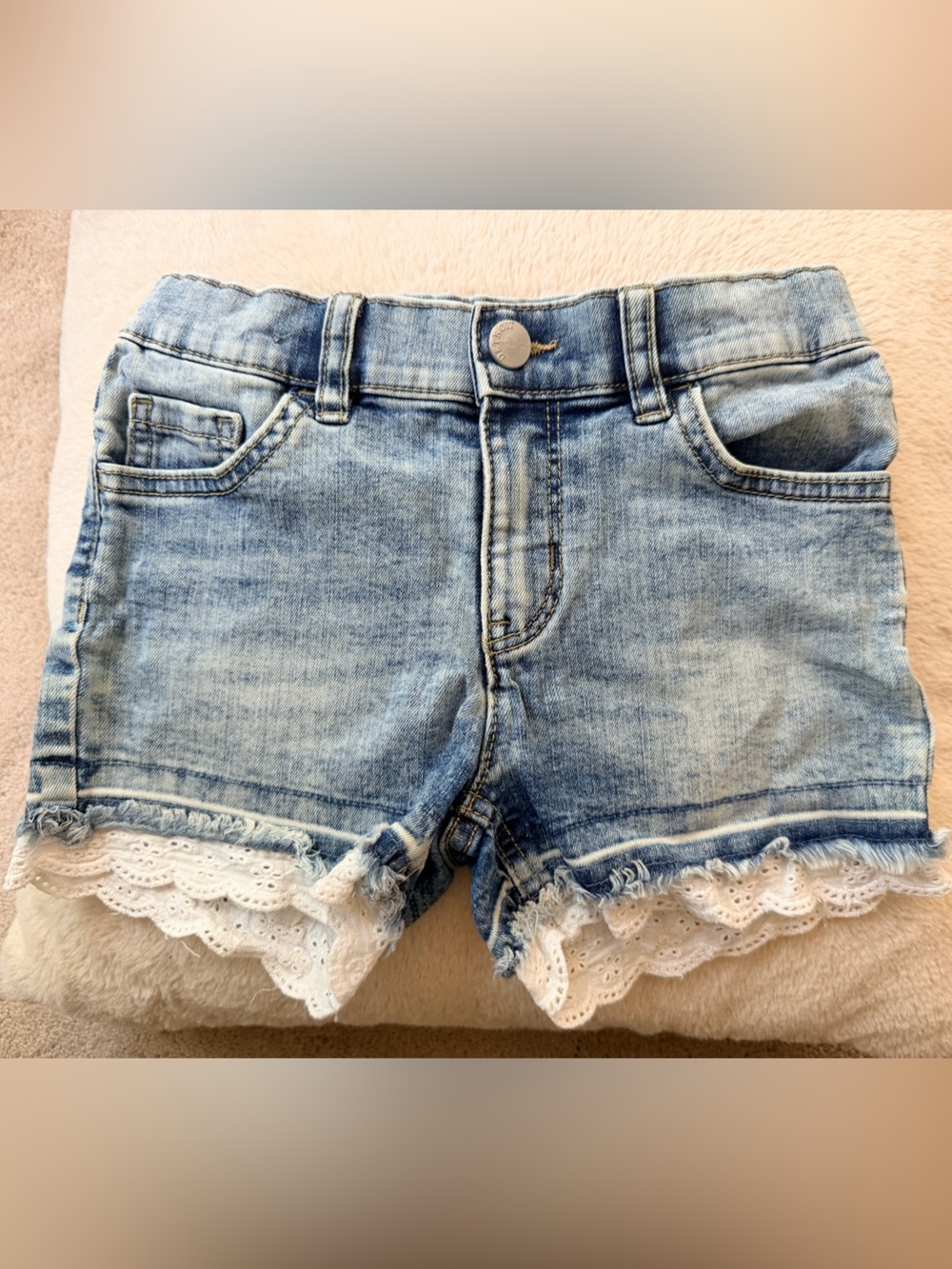 Girls Light Blue Denim Shorts with White Lace Hem